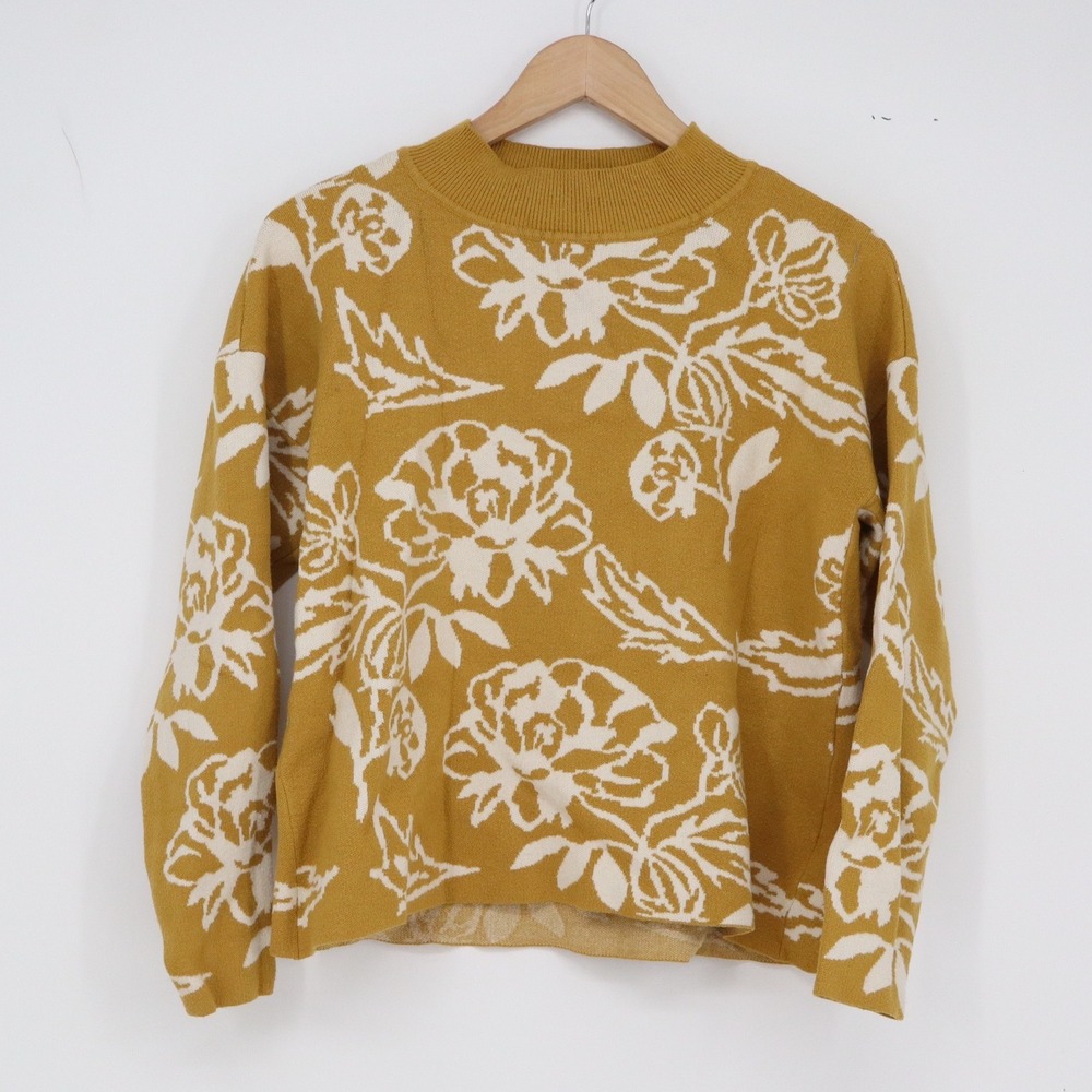 Cyrus Sweater Womens S Mustard Yellow Floral Mock Neck Long Sleeve